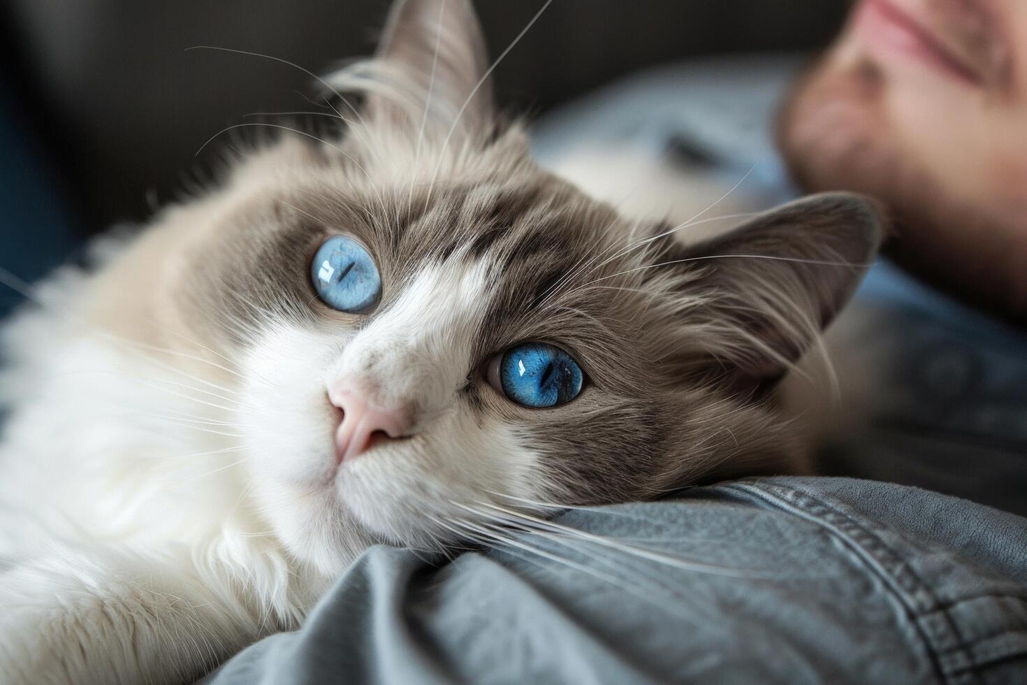 une serein ragdoll chat se prélasser dans ses les propriétaires bras, ses bleu yeux regarder avec amour à ses Humain un compagnon photo