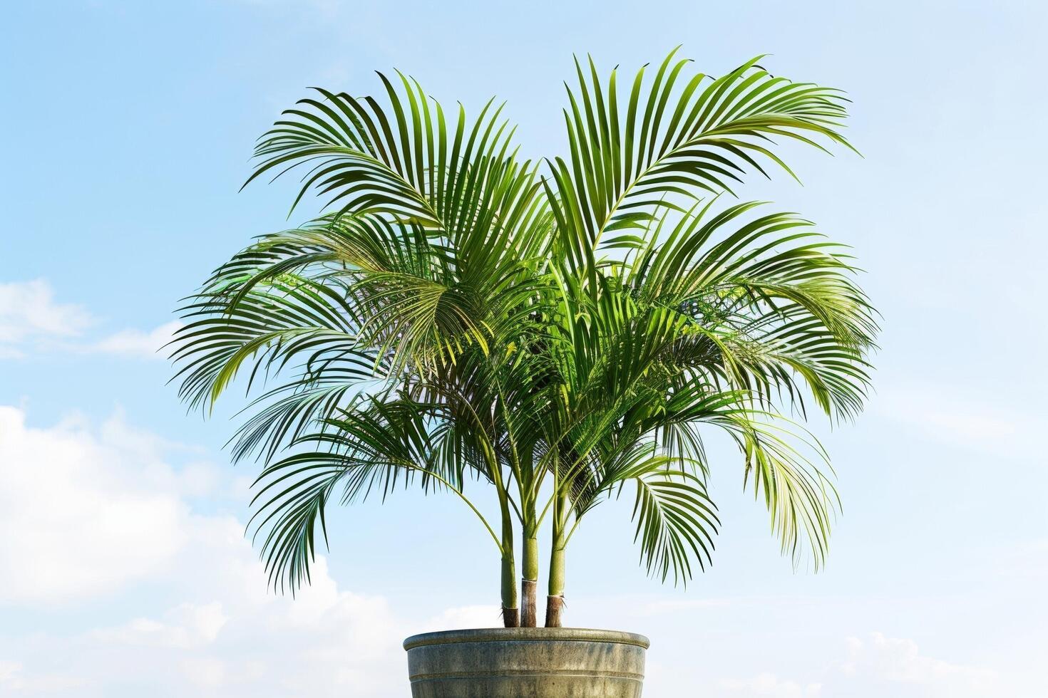 vivement coloré mis en pot paume des arbres supporter contre le toile de fond de le bleu ciel. photo