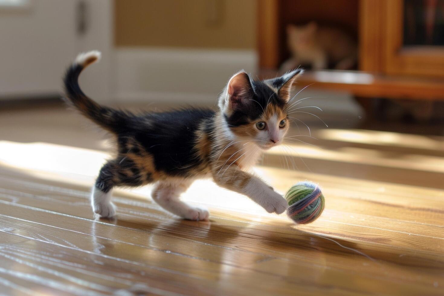 une espiègle calicot chaton ciselure une Balle de fil à travers une bois dur sol, ses queue bruissant avec excitation photo