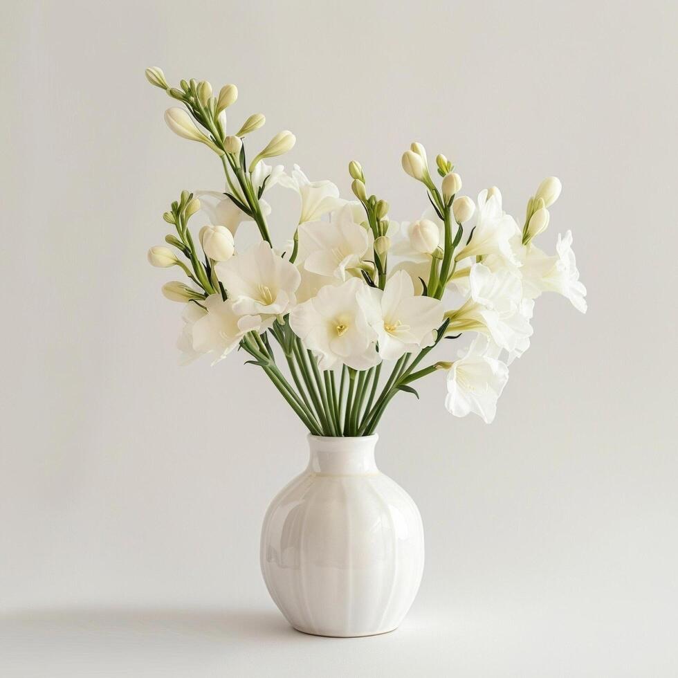 une porcelaine vase détient une bouquet de parfumé freesia fleurs. photo