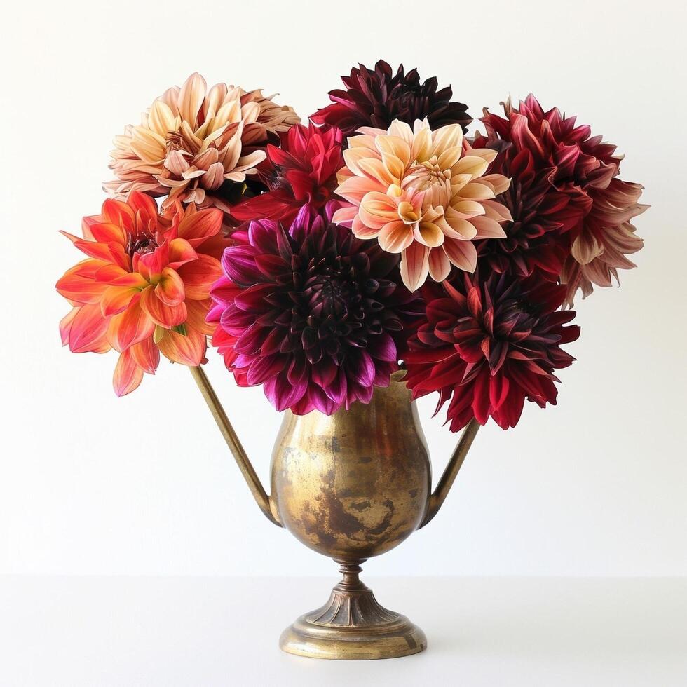 ancien style laiton vase en portant une bouquet de coloré dahlias. photo