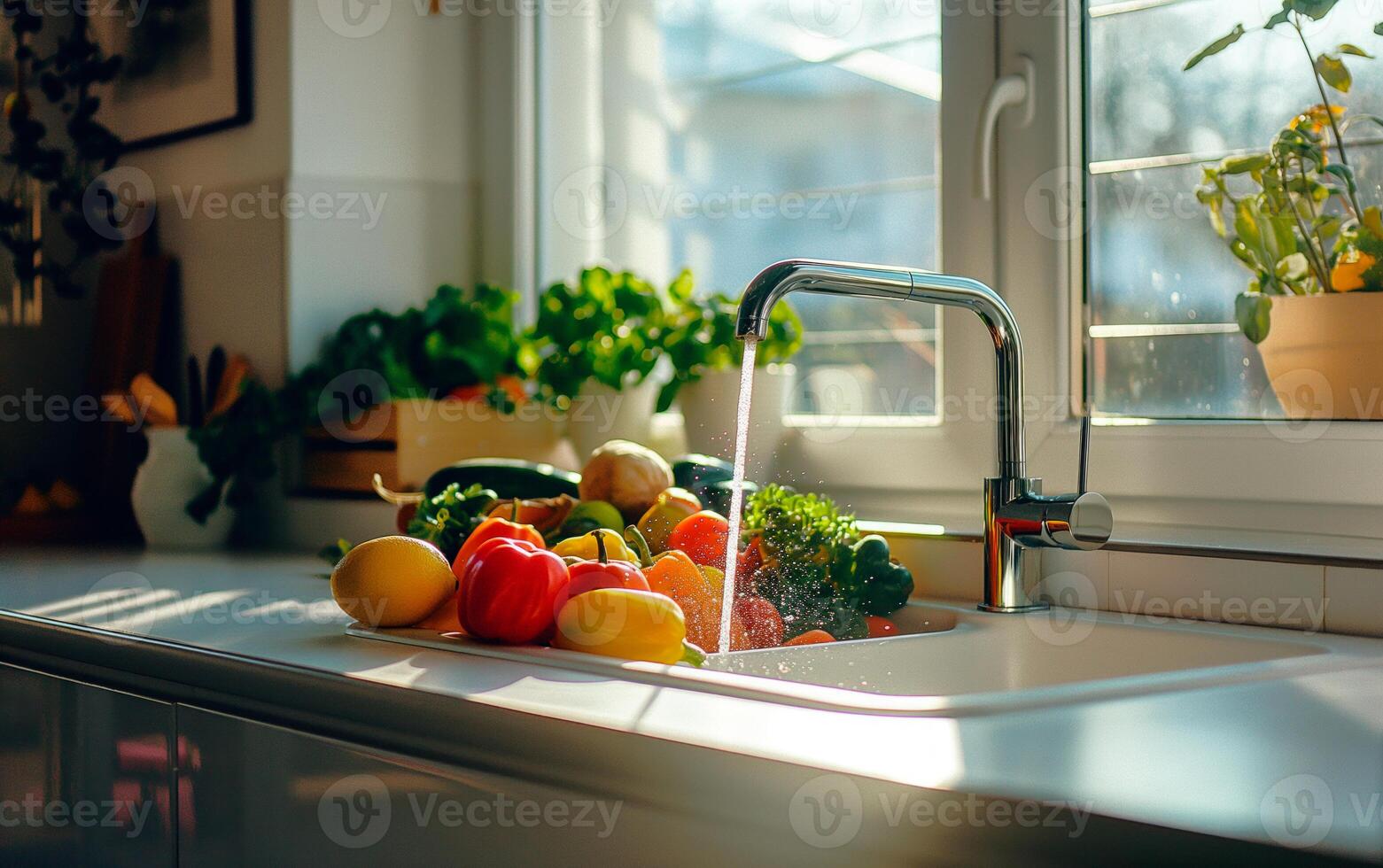 entête photo de cuisine évier avec des fruits et herbes sur comptoir.