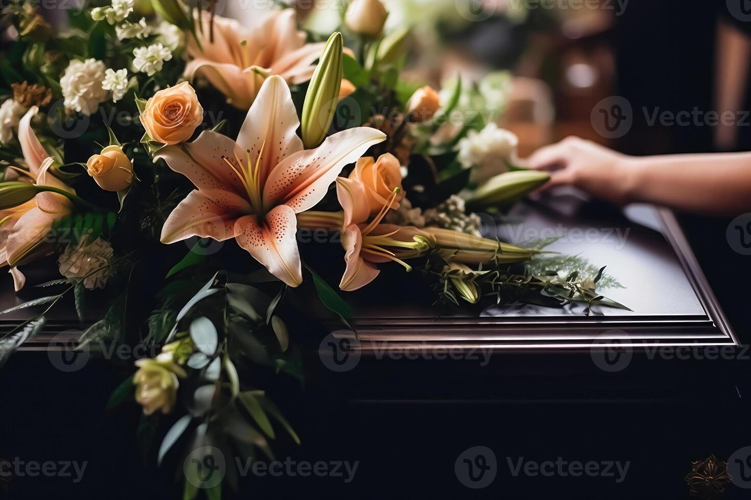sympathique hommage - mains pose lis bouquet sur cercueil couvercle - deuil concept photo