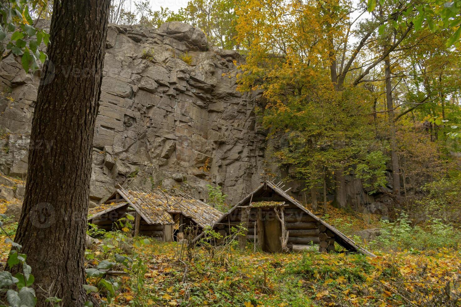 vieille cabane en bois dans la forêt d'automne parsemée de feuilles photo