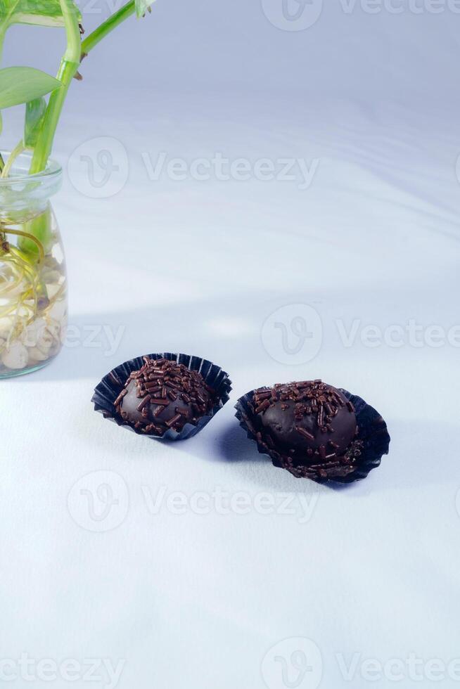 trisolé Chocolat Balle gâteau, fermer vue de Chocolat Balle gâteau saupoudré avec Citronnelle sur une blanc Contexte avec décoratif les plantes sur le côté. photo