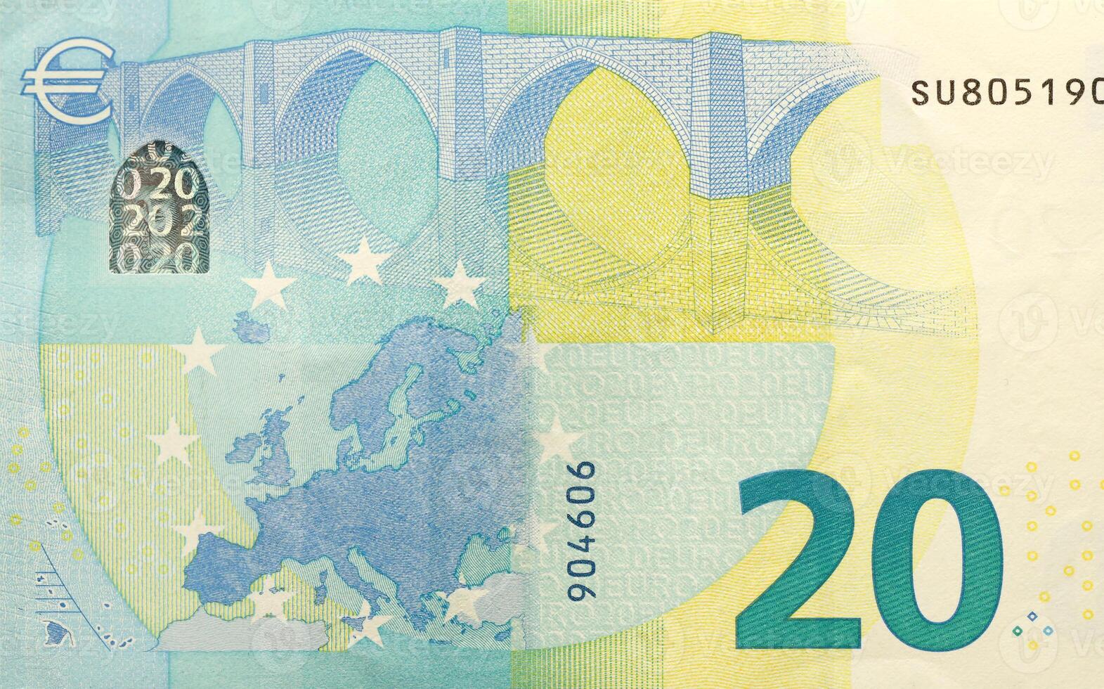 fragment de un vingt euro argent facture. détails de européen syndicat devise billet de banque de 20 euro photo