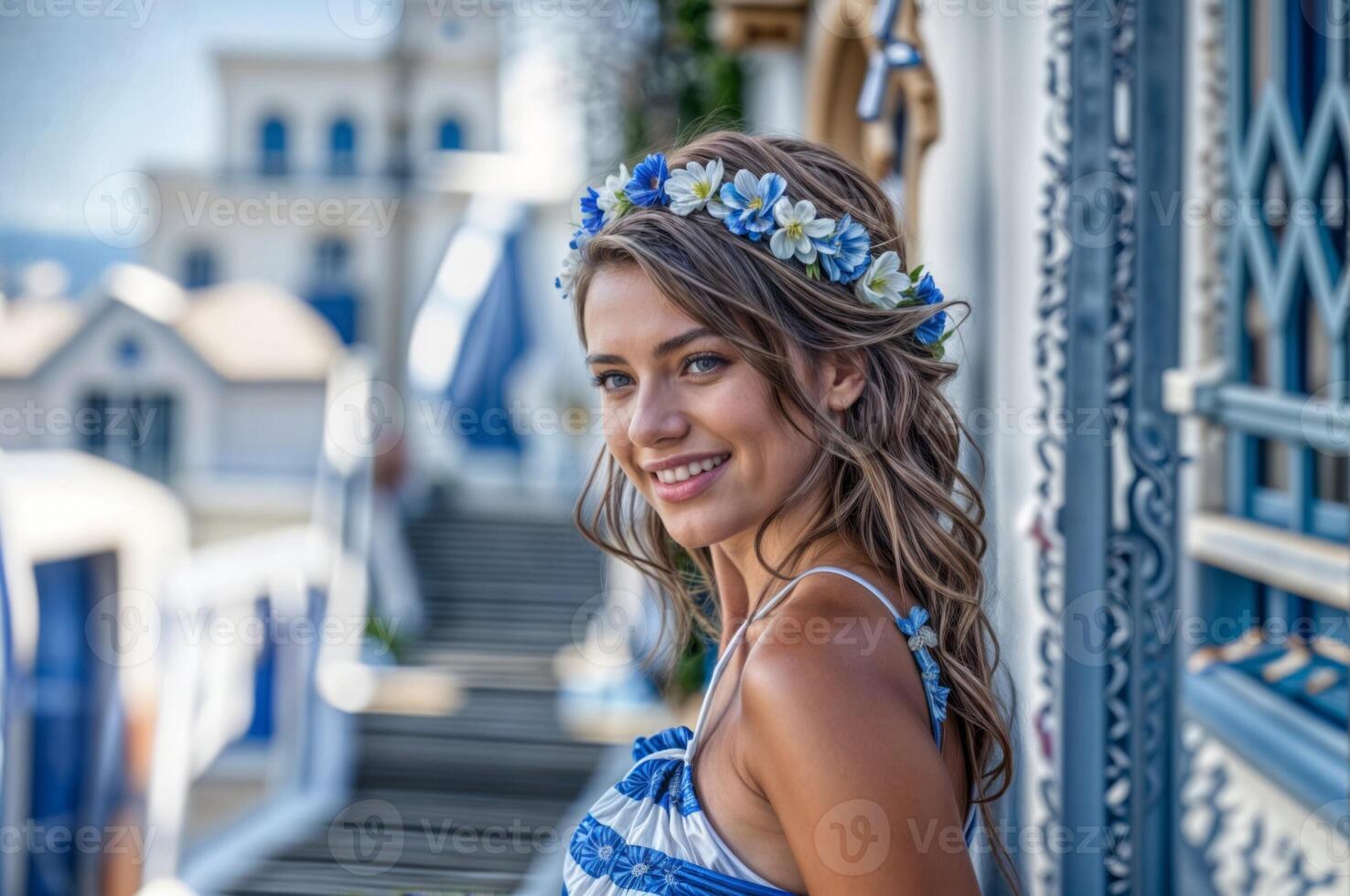 élégant femme dans grec traditionnel robe avec couronne de fleurs sourit sur une été journée contre une magnifique escalier architecture toile de fond photo