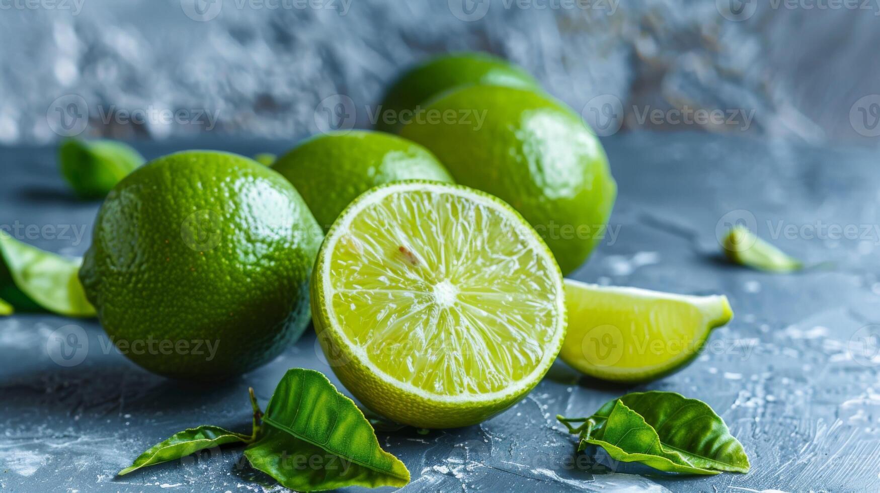 citron vert agrumes tranche avec Frais vert feuille et juteux texture photo