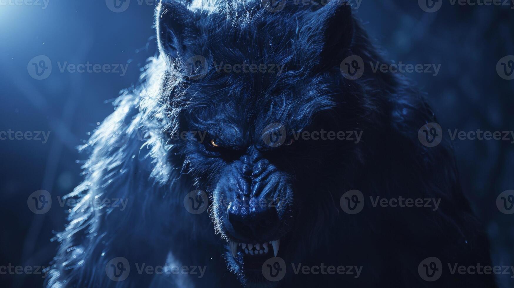 bleu loup-garou avec tranchant crocs et fourrure incarne une mythique monstre dans une foncé nuit photo