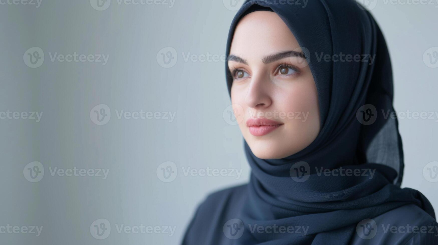 portrait de une magnifique musulman femme avec hijab représentant la diversité et culture dans le professionnel un événement Planification industrie photo