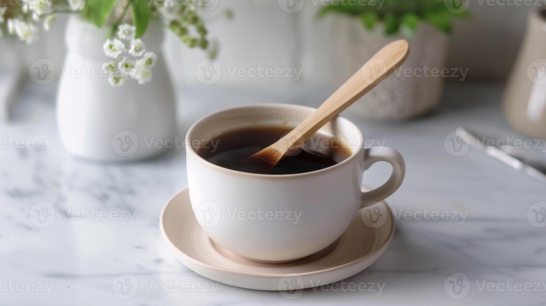 café tasse avec en bois agitateur sur une marbre table pour une confortable petit déjeuner réglage photo