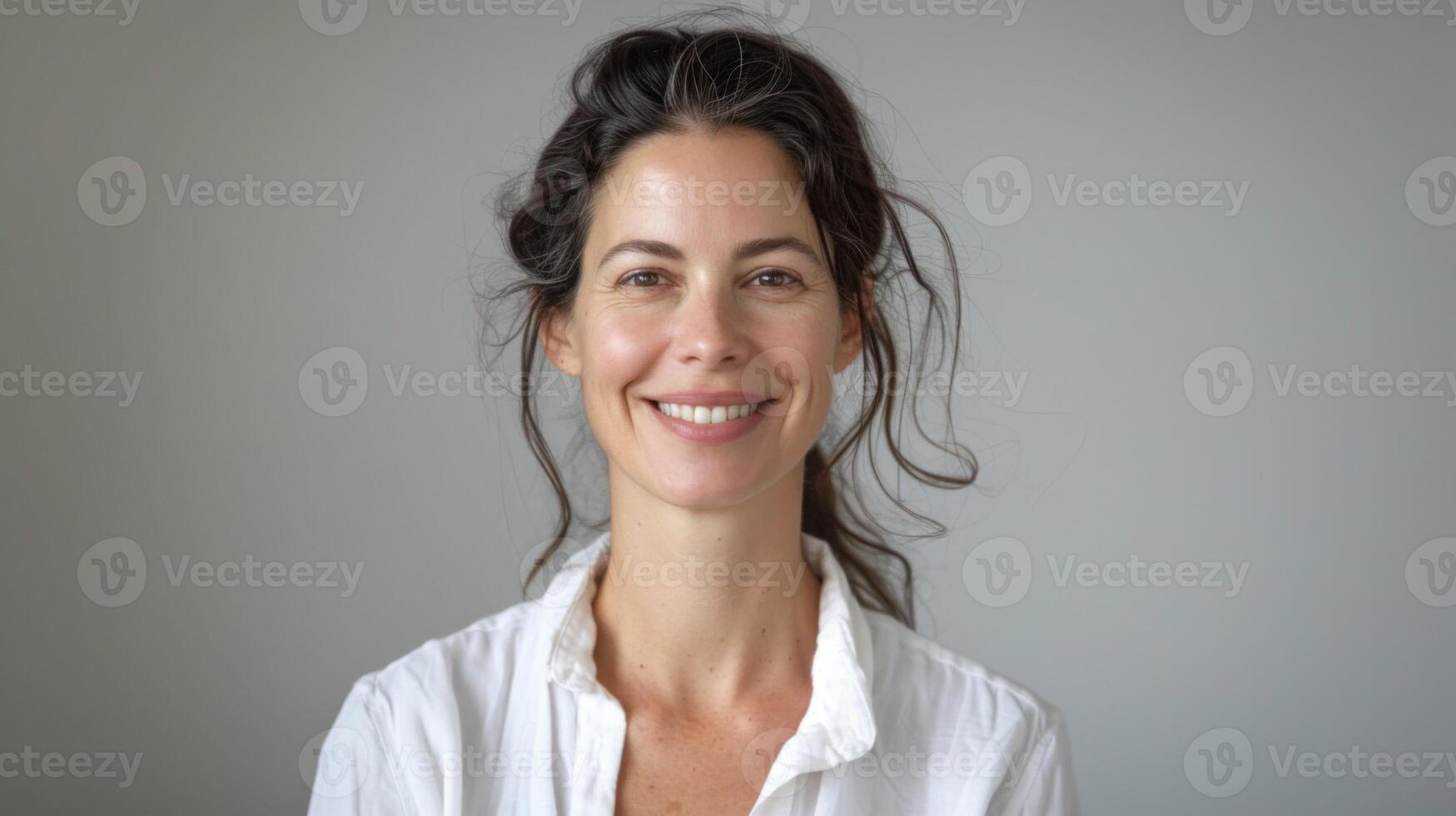 portrait de une souriant australien femme avec une décontractée et sur de soi Regardez contre une neutre Contexte photo