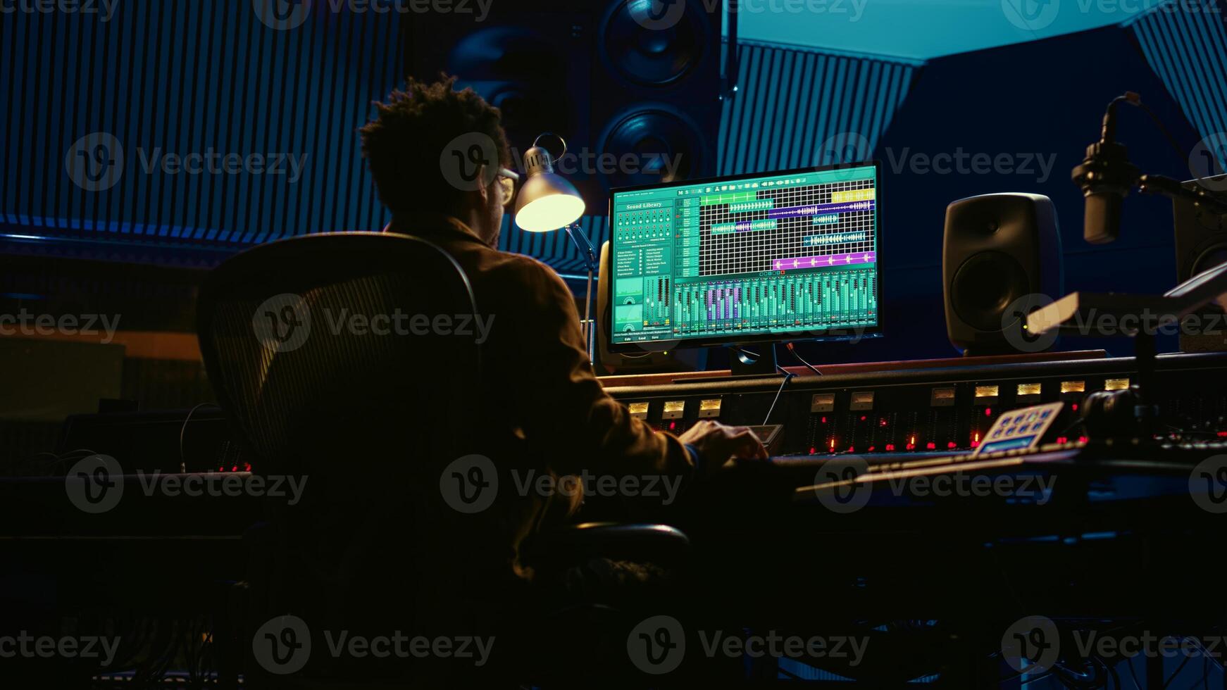 africain américain l'audio ingénieur les usages compresseur et mixer dans professionnel studio, en changeant le volume niveau et du son réglages sur une enregistrement. la musique production dans contrôle chambre. caméra b. photo