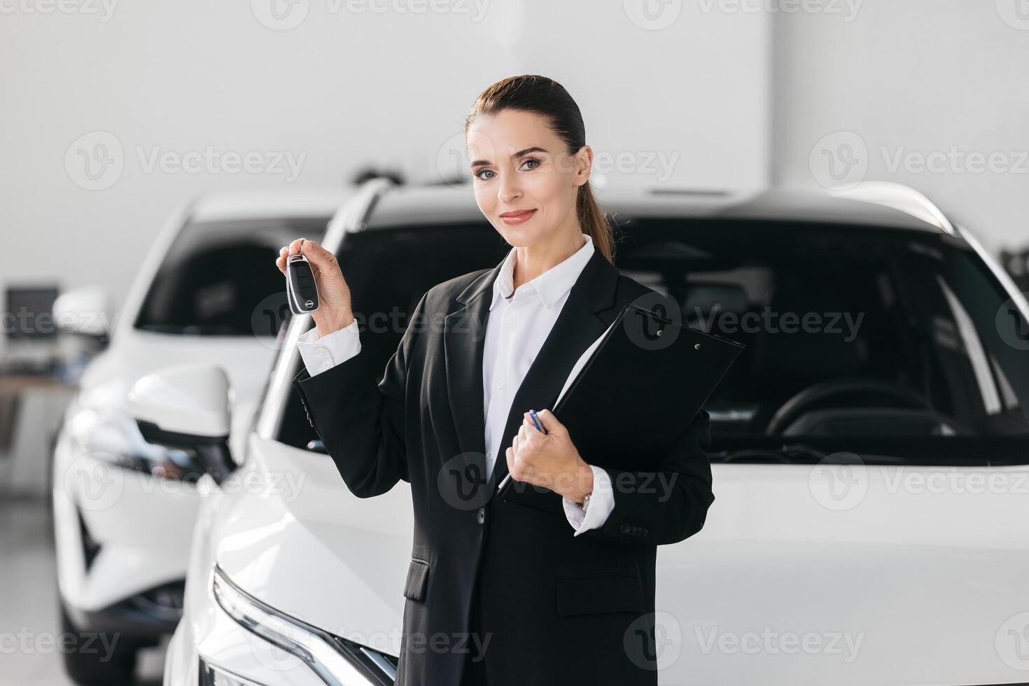 femelle compétent voiture Marchand dans une costume avec tablette à concession centre. directeur dans auto concession présente Nouveau voitures. Marchand donnant clé à Nouveau propriétaire dans auto spectacle ou salon. photo