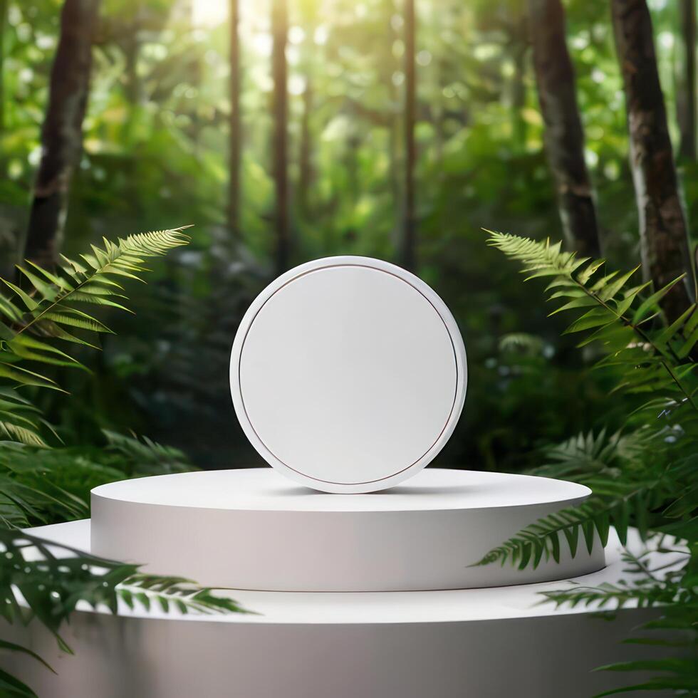 une élégant un d de une blanc modèle podium maquette de une Naturel biologique cosmétique des produits. photo