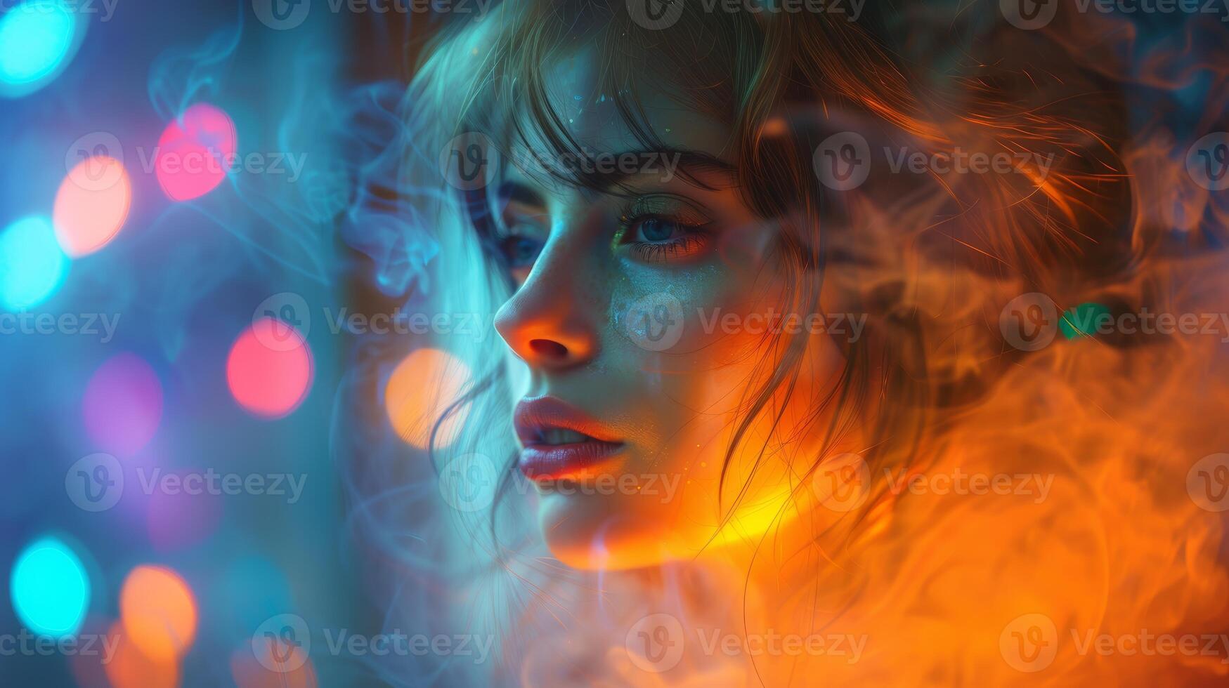 surréaliste portrait de Jeune femme entouré par coloré lumières et abstrait fumée photo