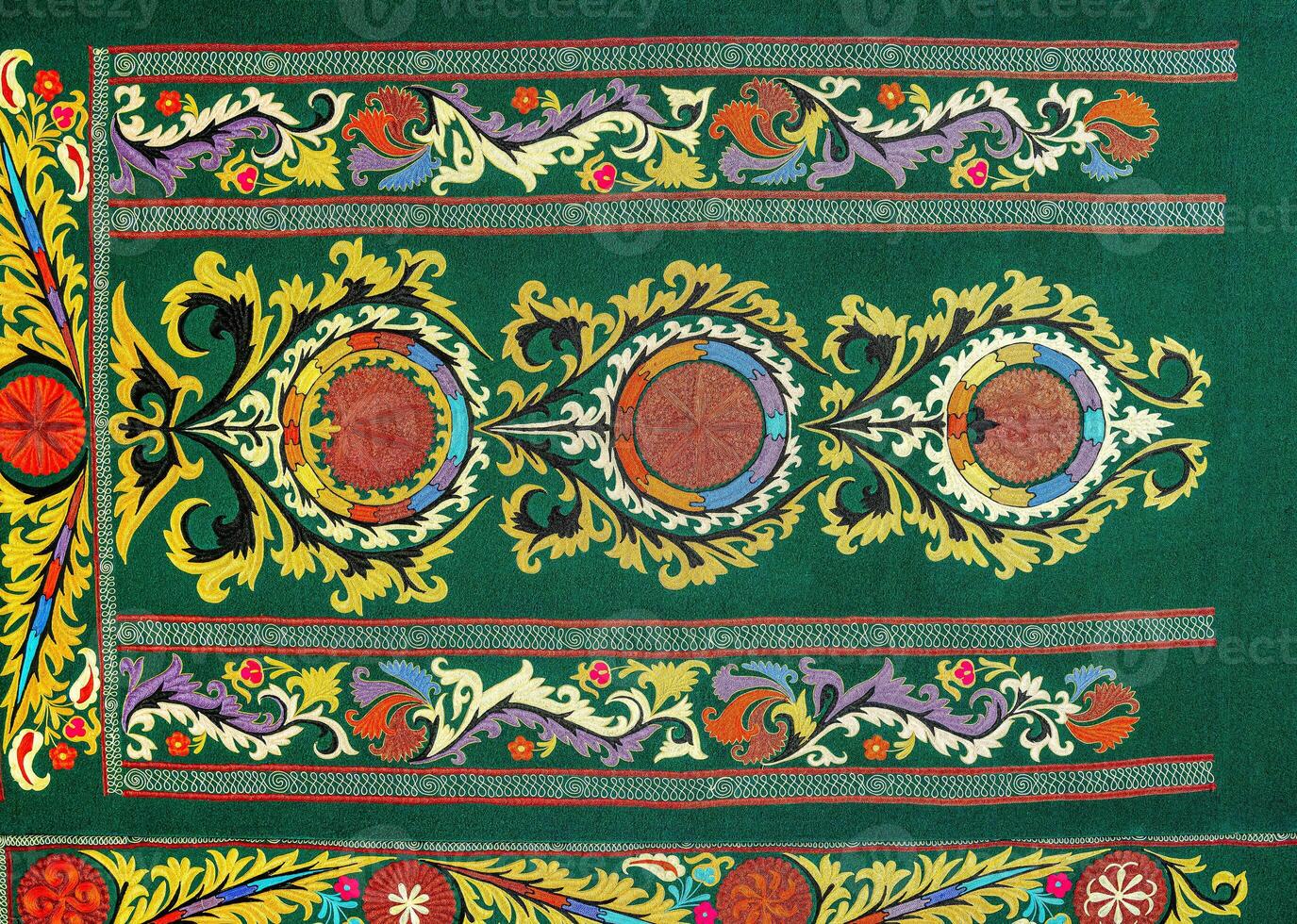 coloré ancien couverture fabriqué par main. Oriental couture de le 19e siècle. abstrait Contexte. photo