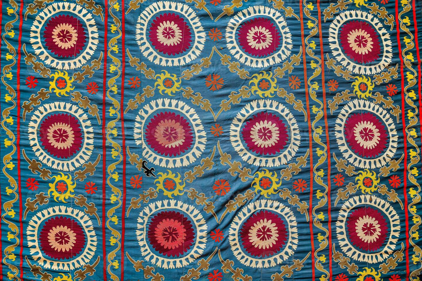 coloré ancien couverture fabriqué par main. Oriental couture de le 19e siècle. abstrait Contexte. photo