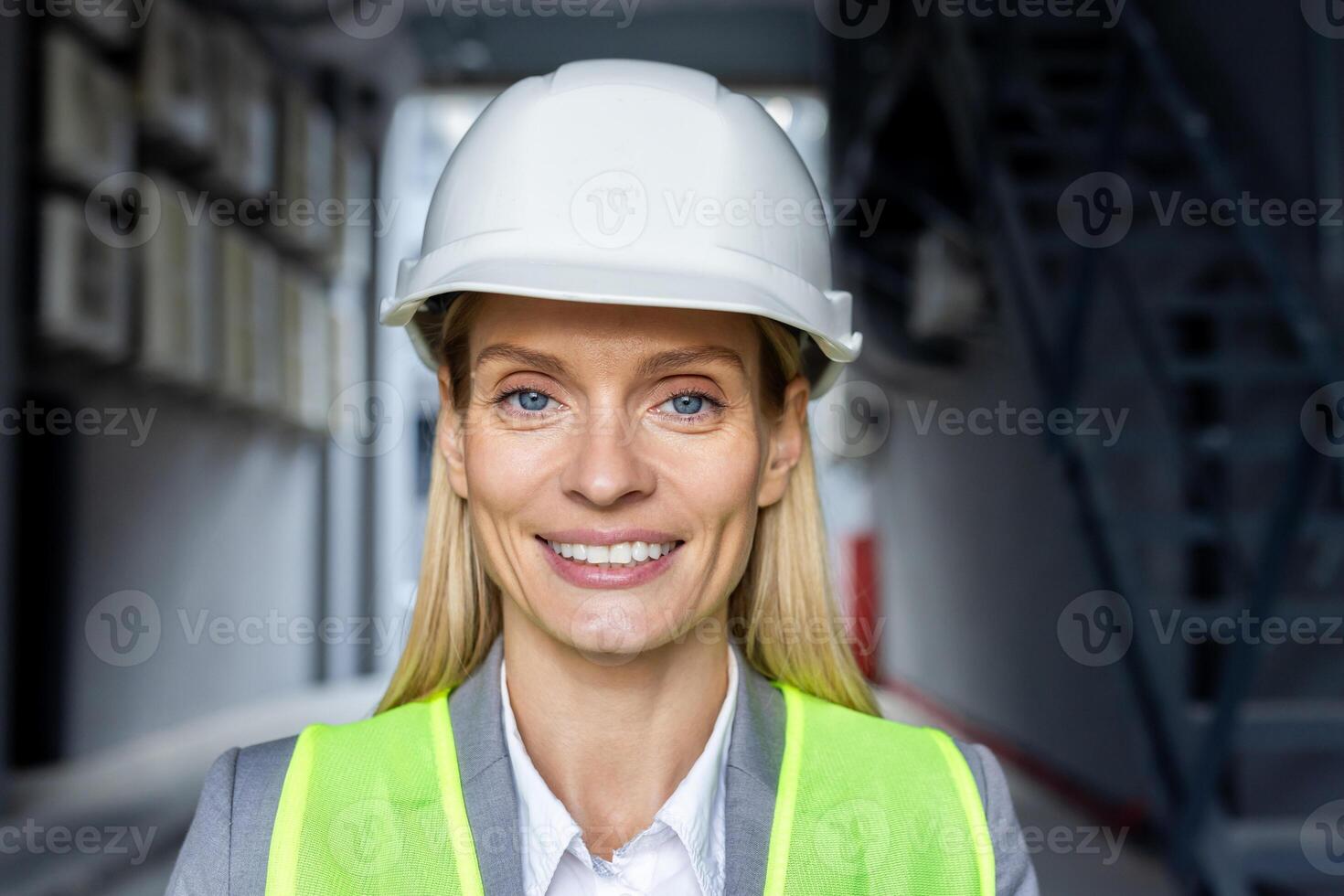 fermer photo. portrait de une Jeune souriant femelle architecte, ingénieur, ouvrier dans une sécurité casque permanent à l'extérieur une bâtiment et à la recherche à le caméra. photo
