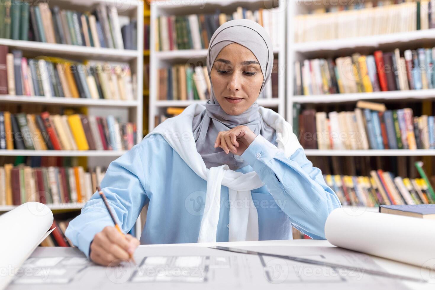 une concentré musulman femme architecte dans une hijab examine bâtiment des plans dans une bibliothèque, entouré par étagères de livres. photo