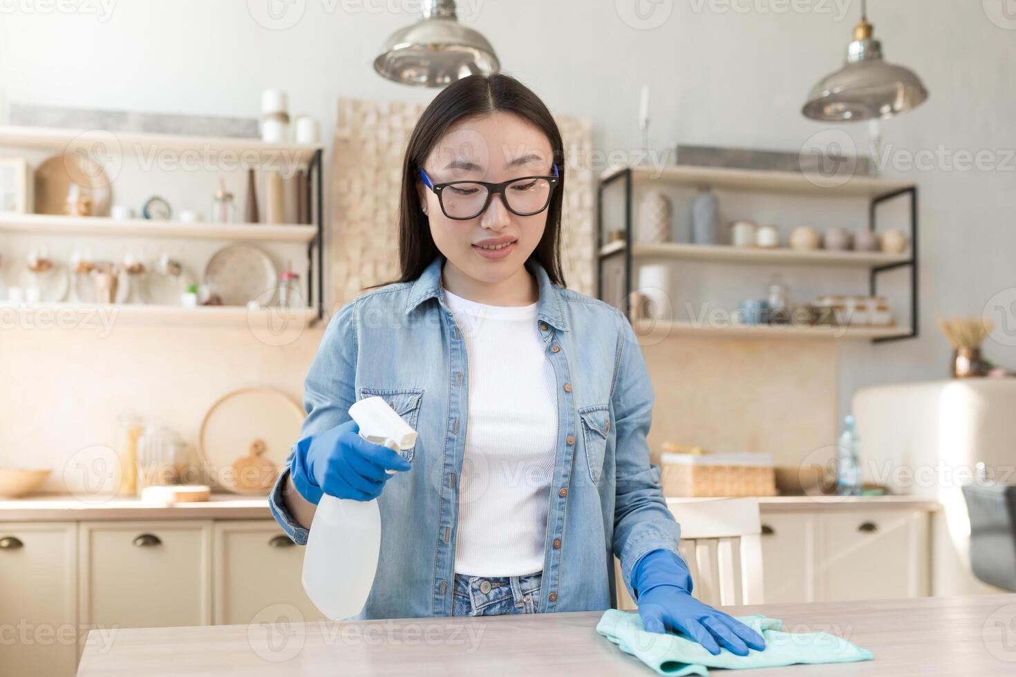 Femme de ménage prestations de service. Jeune magnifique asiatique femme travaux comme une nettoyeur. nettoie le maison. lingettes le table avec une tissu dans caoutchouc gants, Vaporisateurs le surface avec une vaporisateur. photo