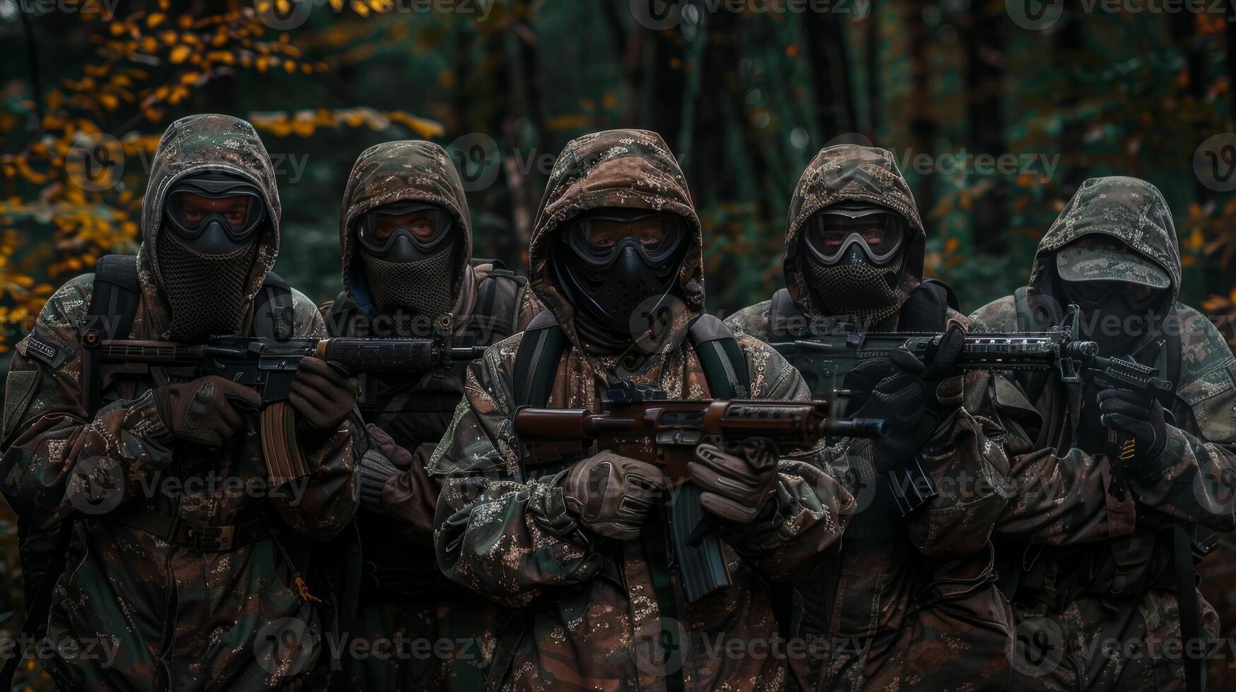 une groupe de Hommes habillé dans camo et en portant paintball pistolets pour une militaire simulation à thème nuit Achevée avec tactique défis et équipe bâtiment des exercices photo