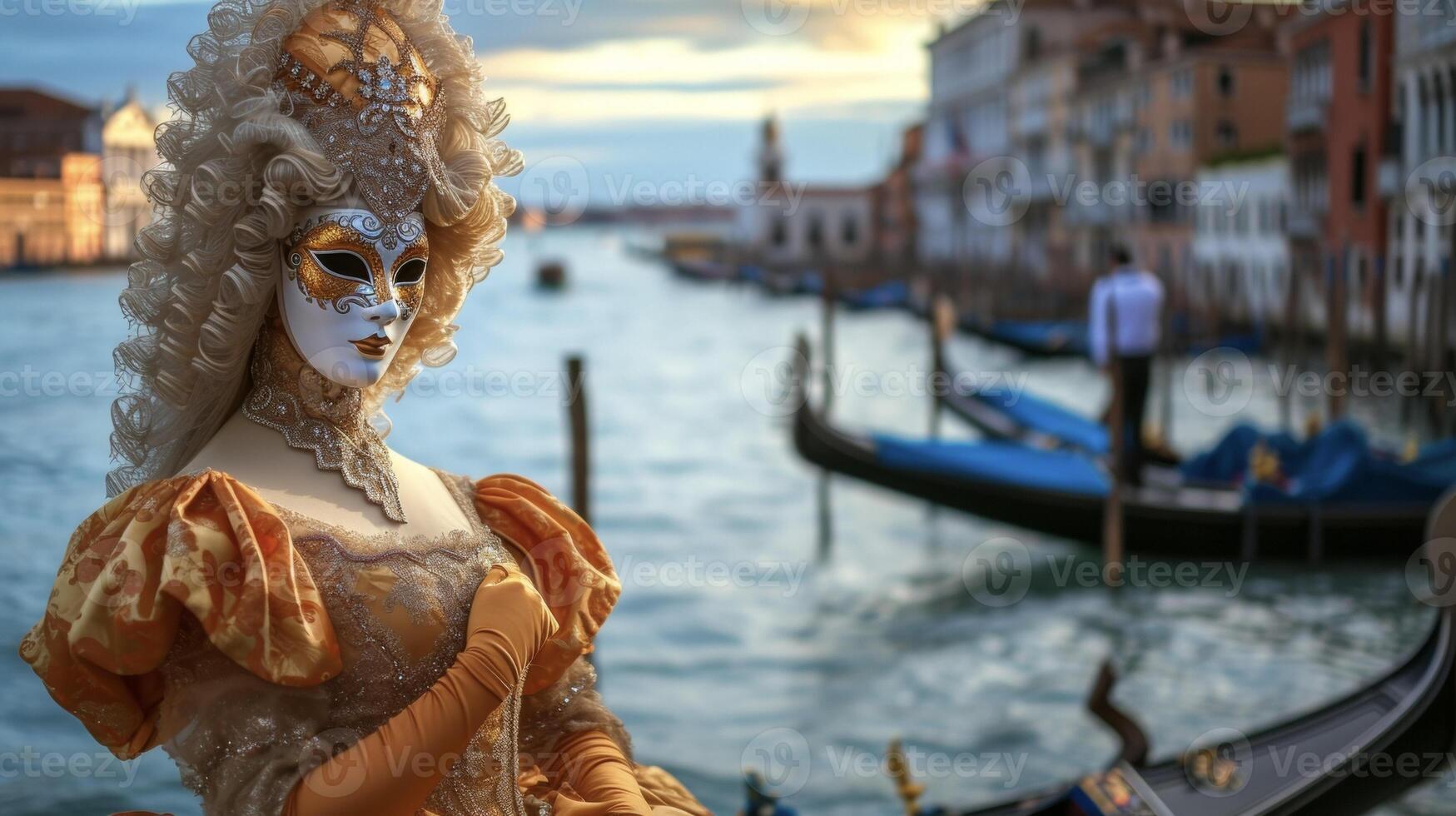 une vénitien noble dans une luxueux soie robe et paré de bijoux masque prêt à assister le masqué balle. dans le Contexte une pittoresque vénitien c avec gondoles flottant par un photo
