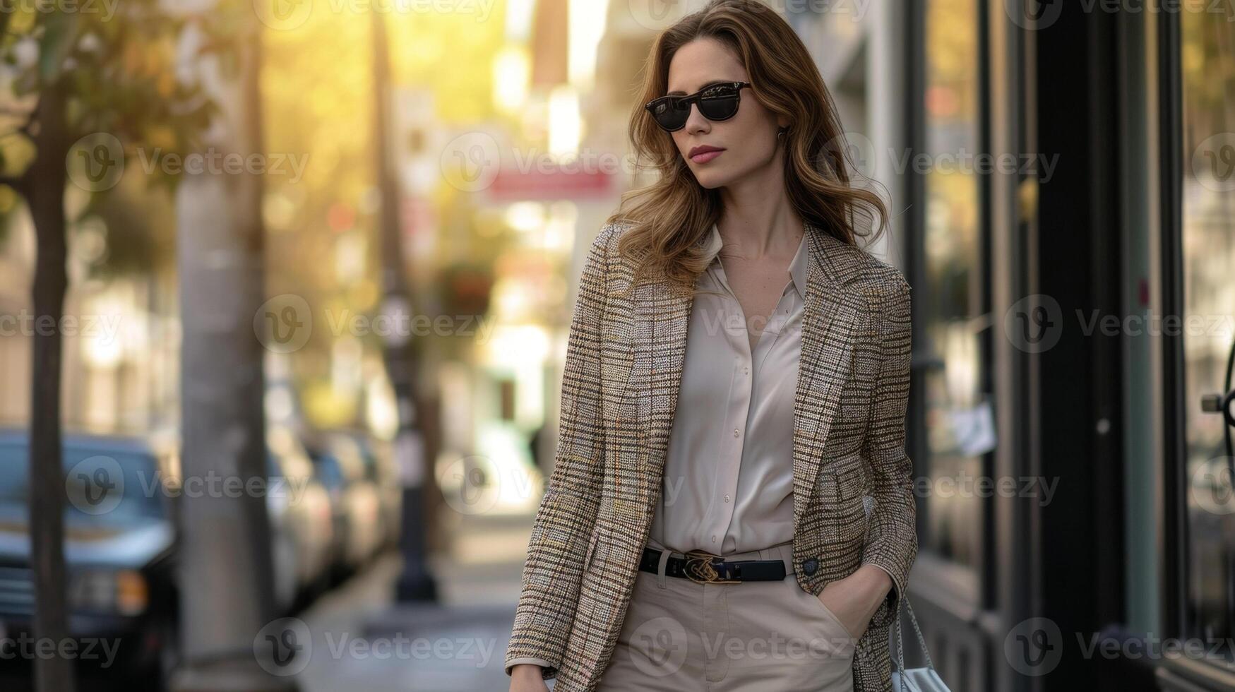 Contexte ambulant par le occupé des rues de une branché centre ville quartier cette tenue est idéal pour une fashionista professionnel sur le aller photo