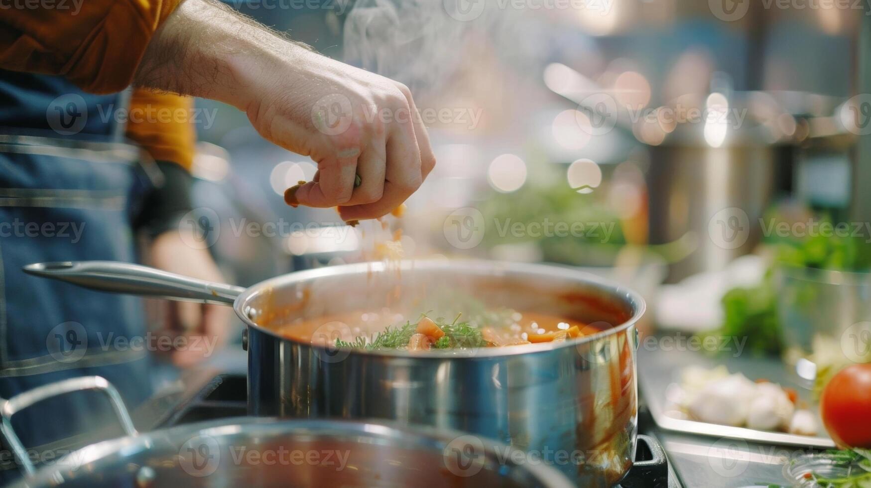 une homme en toute confiance ajoute es à une pot de mijoter soupe fier de le cuisine compétences il appris à un interactif classe photo