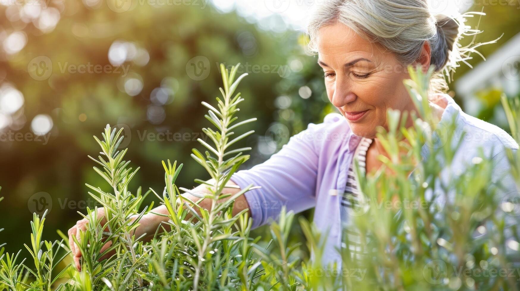 une femme soigneusement coupure Frais Romarin de une broussailleux plante dans sa arrière-cour jardin photo