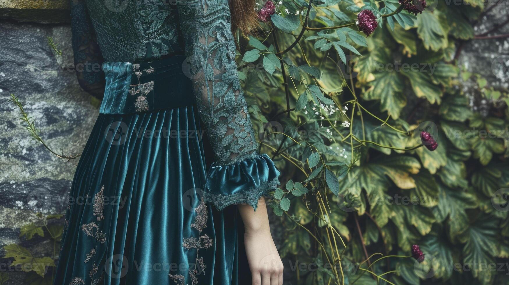 une midi robe dans Profond forêt vert velours avec dentelle manches et un complexe floral modèle capture le de mauvaise humeur le romantisme de une isolé des bois chalet photo