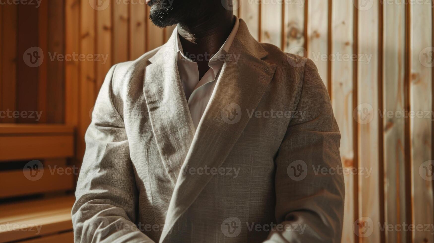 une homme habillé dans une poids léger lin costume pour une pimpant et moderne torsion sur traditionnel sauna tenue. photo