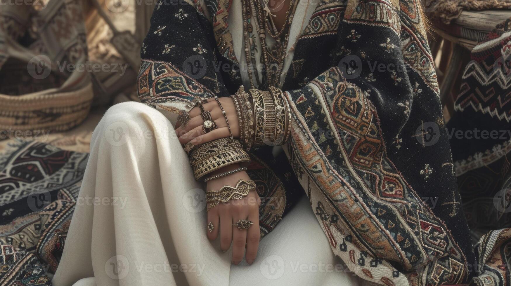 une luxueux prendre sur nomade mode avec une doux cachemire poncho brodé avec d'inspiration tribale motifs usé plus de une fluide soie robe et complété par gros inspiration tribale photo