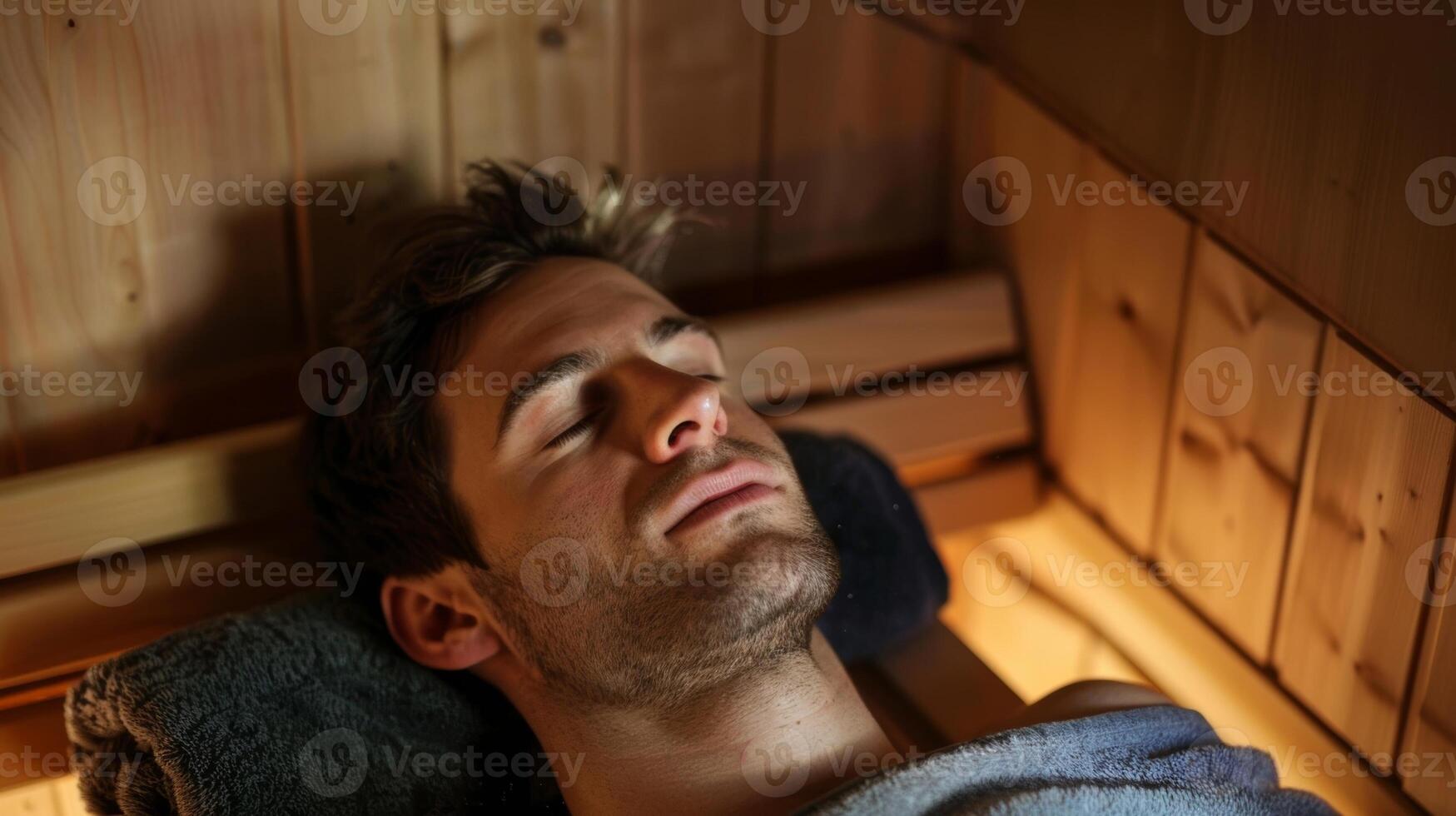 une homme pose sur une en bois banc dans le sauna avec le sien yeux fermé et une serein Regardez sur le sien visage en utilisant il comme une forme de thérapie pour le sien chronique maladie. photo