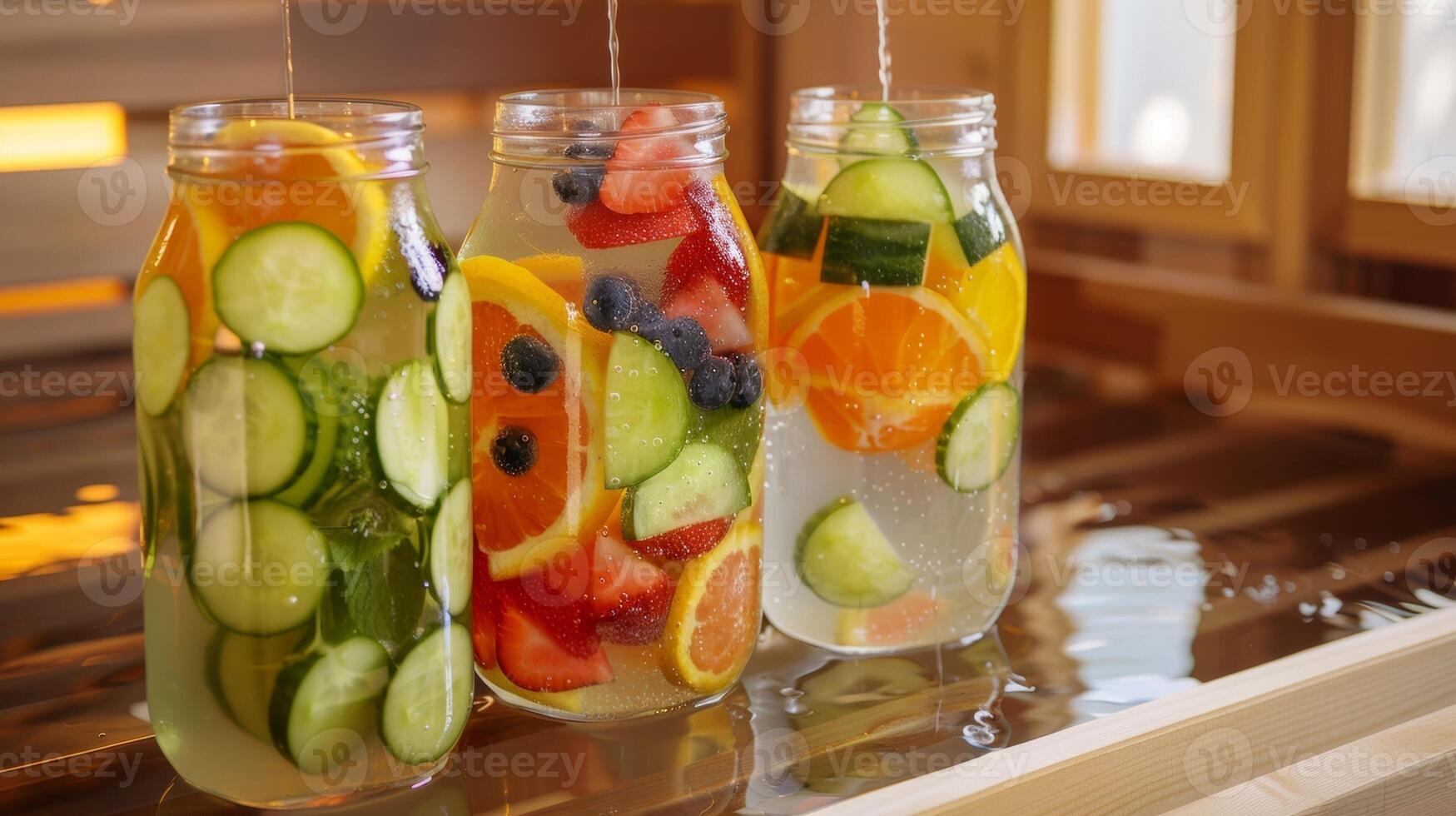 une coloré assortiment de infusé aux fruits l'eau attendre à être apprécié tandis que transpiration en dehors toxines dans le infrarouge sauna. photo