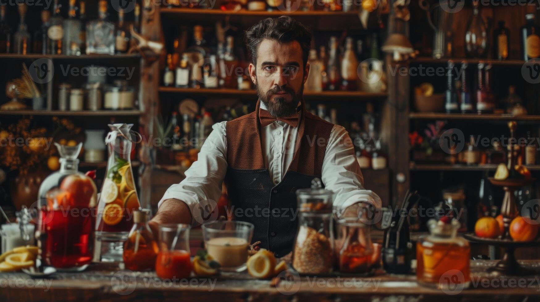 le magicien des stands derrière une table prêt à effectuer ahurissant des trucs cette impliquer création délicieux concoctions sans pour autant tout de l'alcool photo