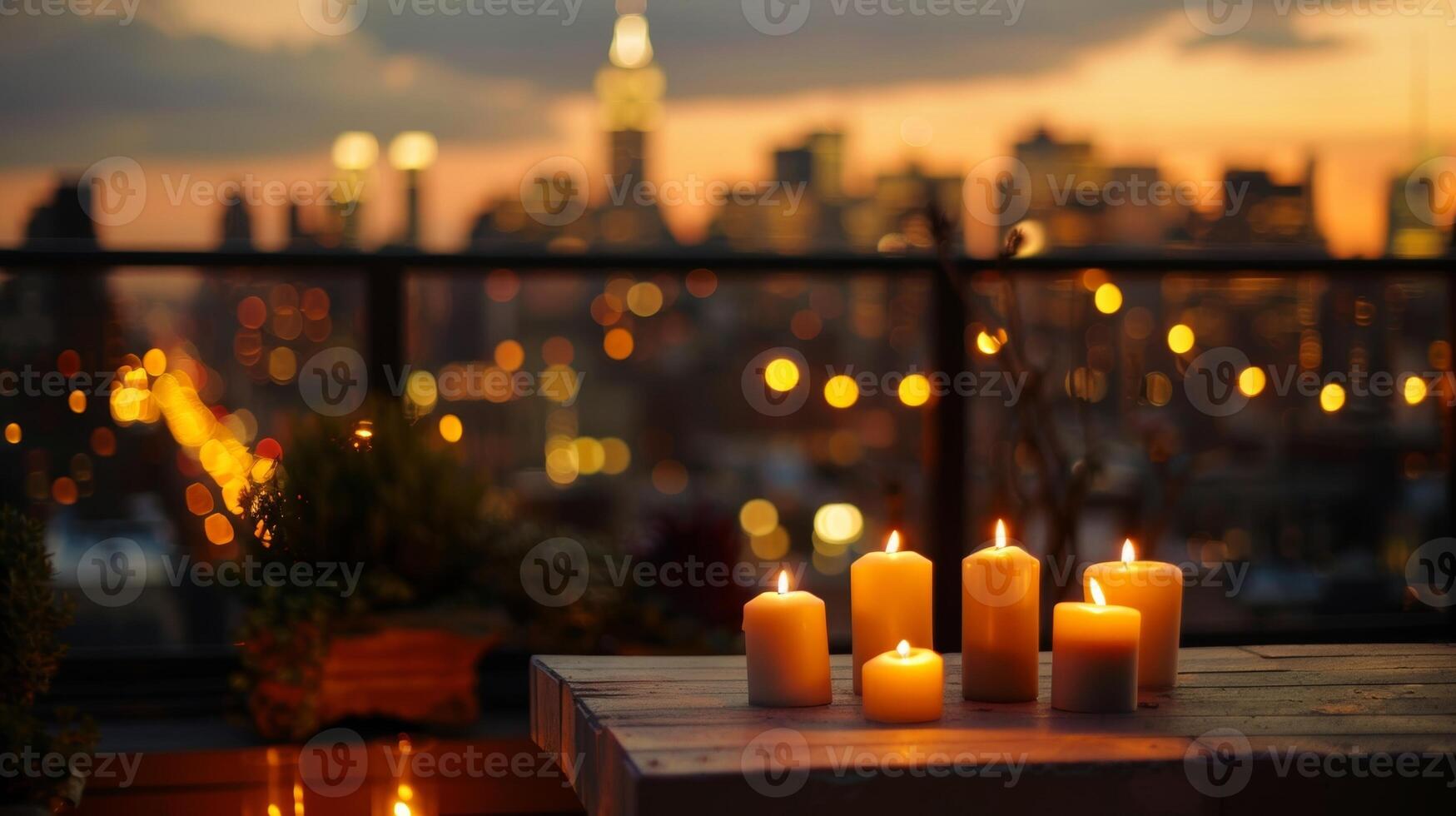 de chaque angle le toit est une Stupéfiant vue avec bougies vacillant et le paysage urbain embrasé dans le Contexte. 2d plat dessin animé photo