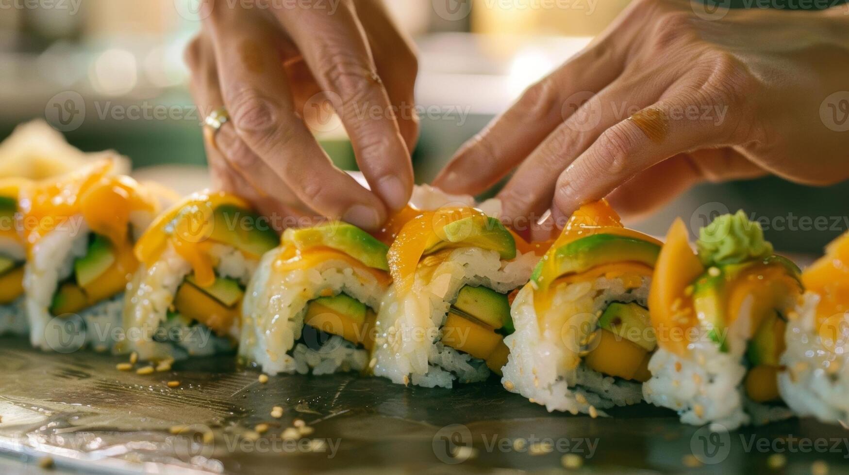 une femme soigneusement organiser mince tranches de mangue et Avocat sur une Sushi rouleau ajouter une unique et gourmet torsion à le traditionnel recette photo
