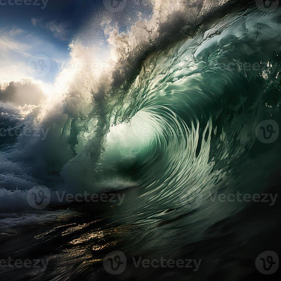 ai généré tourbillonnant vagues sur le Contexte de le le coucher du soleil mousse mer génératif ai photo