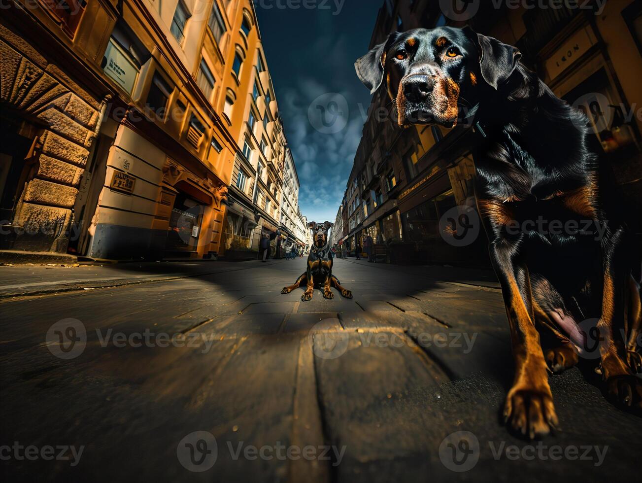 ai généré doberman des stands sur le rue et regards à le caméra, génératif ai photo