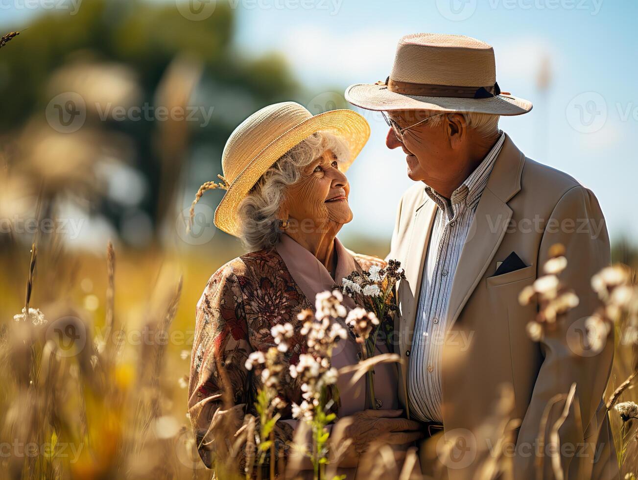 ai généré personnes âgées couple dans l'amour en marchant dans la nature génératif ai photo