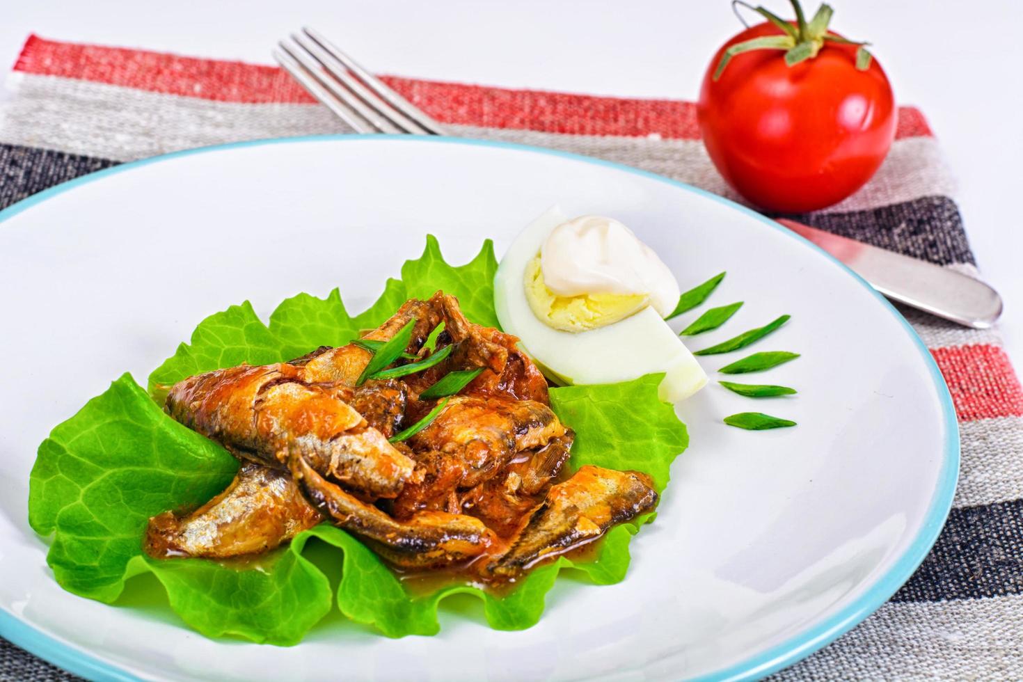 poisson en conserve avec des oeufs sur la laitue photo