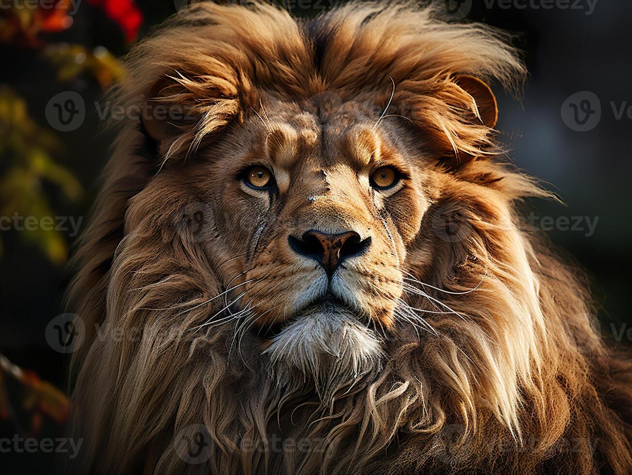 ai généré Lion dans le forêt sur une flou Contexte génératif ai photo