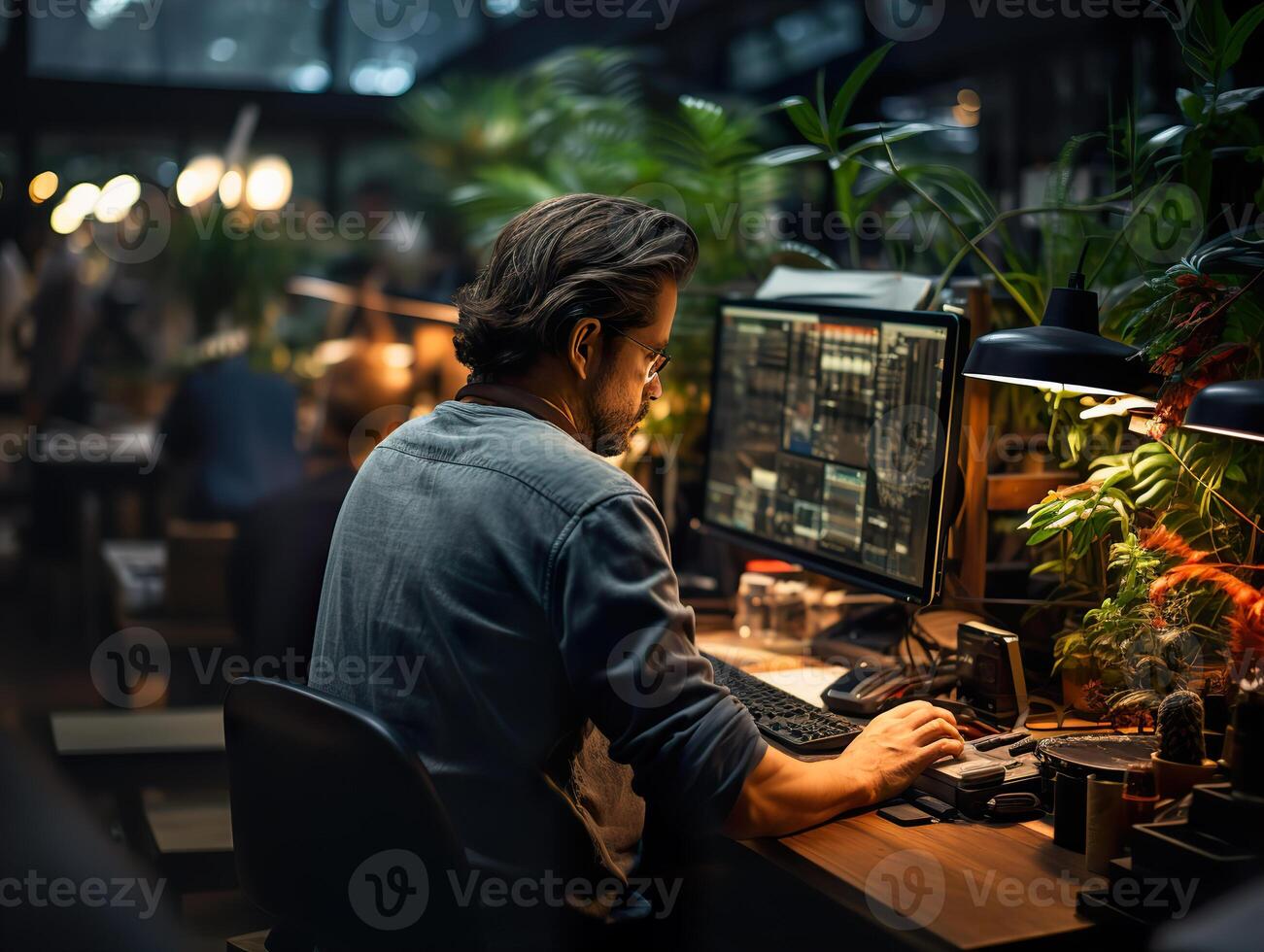 ai généré homme travail dans le Bureau génératif ai photo