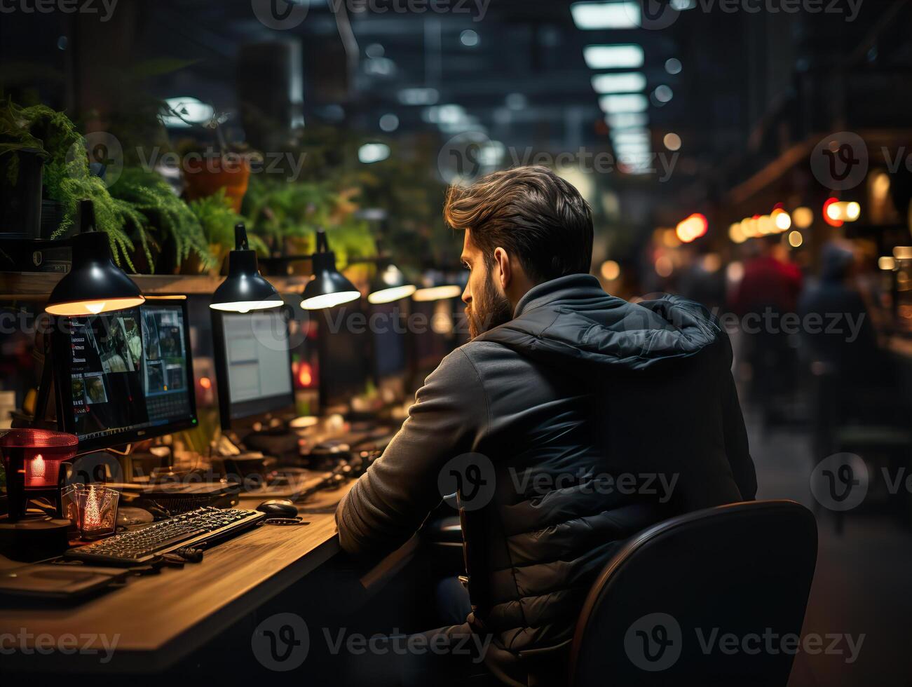 ai généré homme travail dans le Bureau génératif ai photo