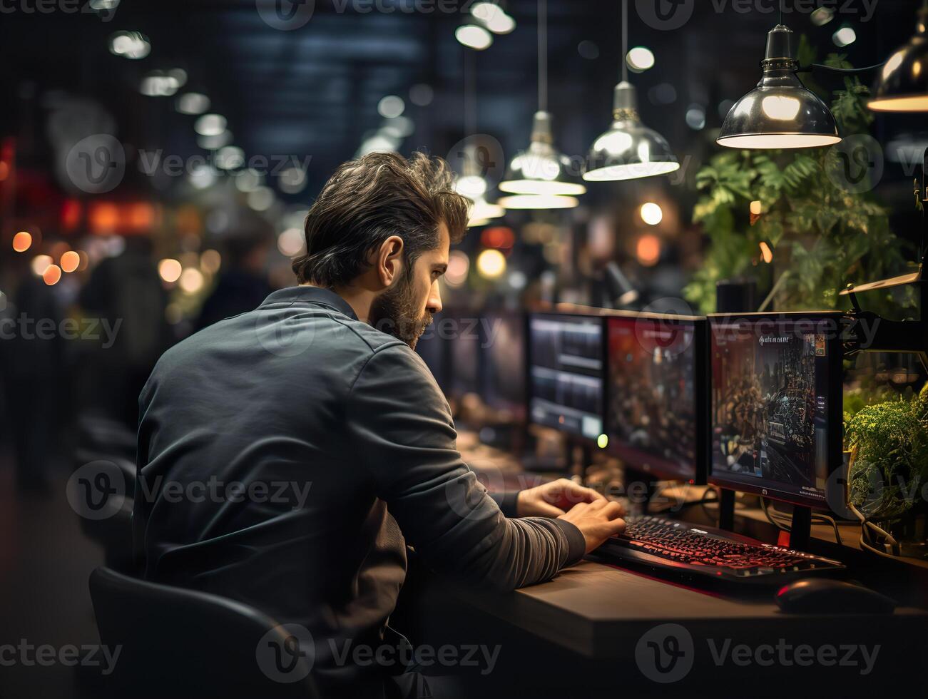 ai généré homme travail dans le Bureau génératif ai photo