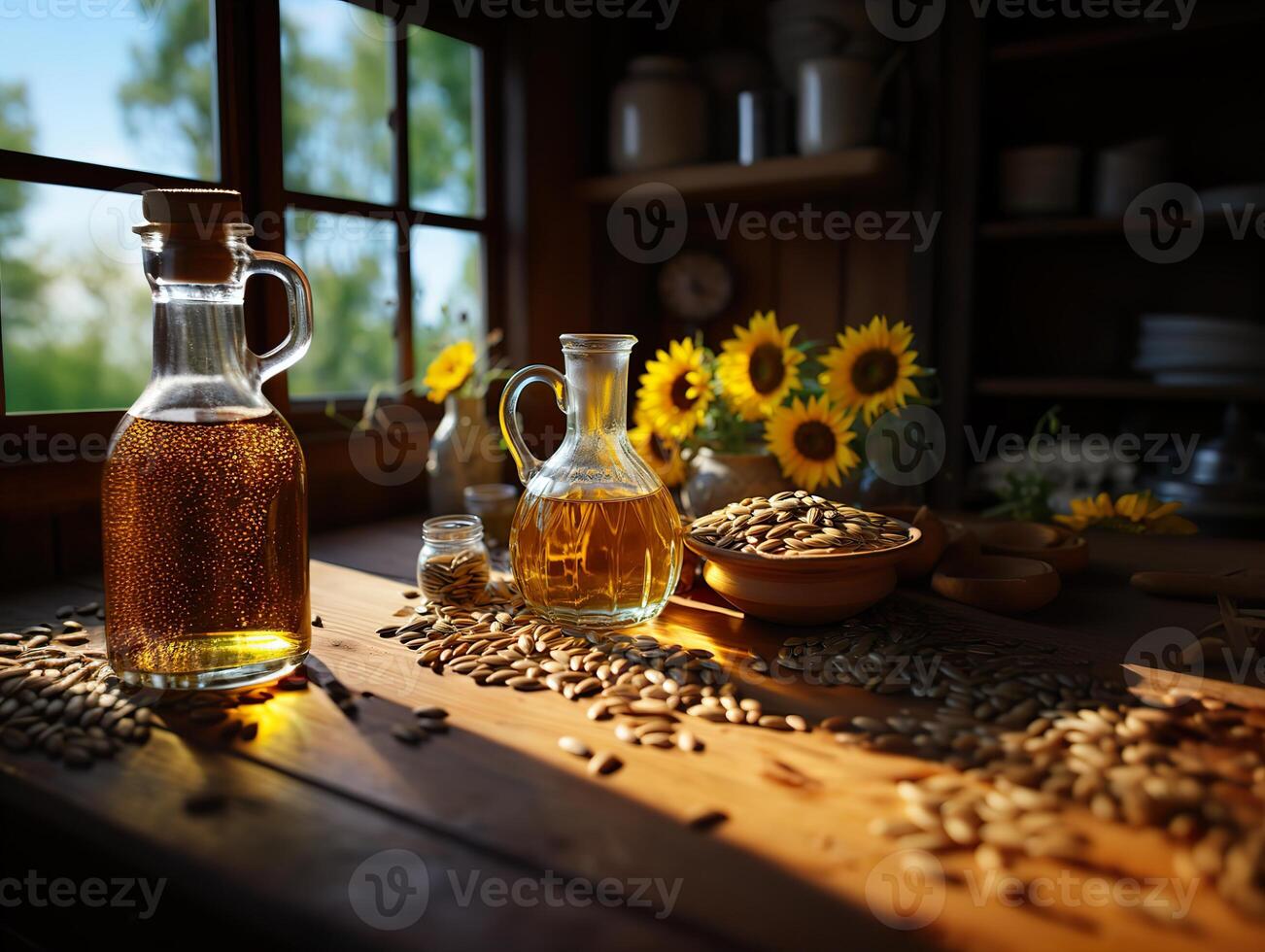 ai généré tournesol pétrole dans une carafe sur une en bois table avec des graines génératif ai photo