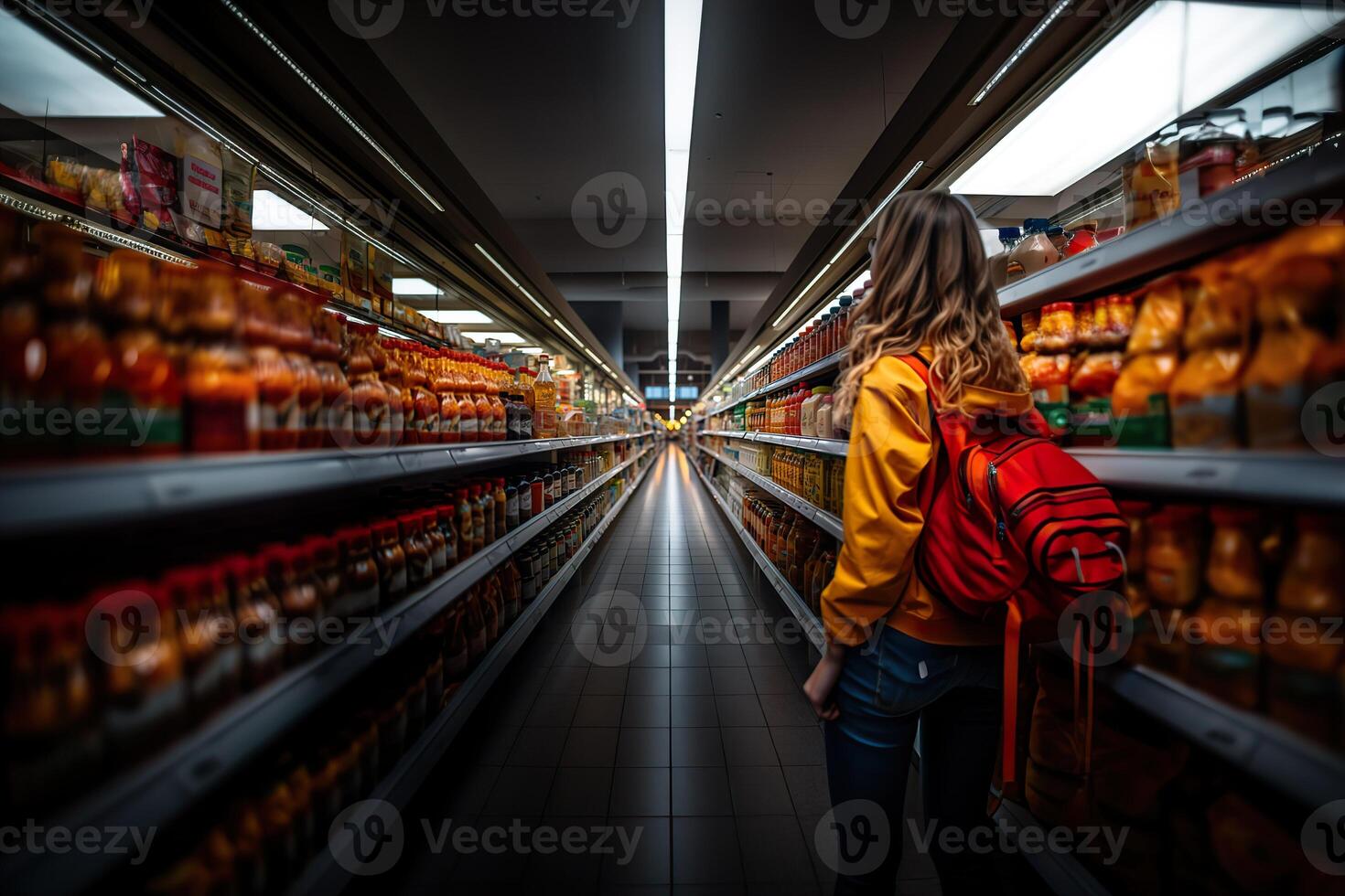 ai généré vitrines avec des produits dans le supermarché génératif ai photo