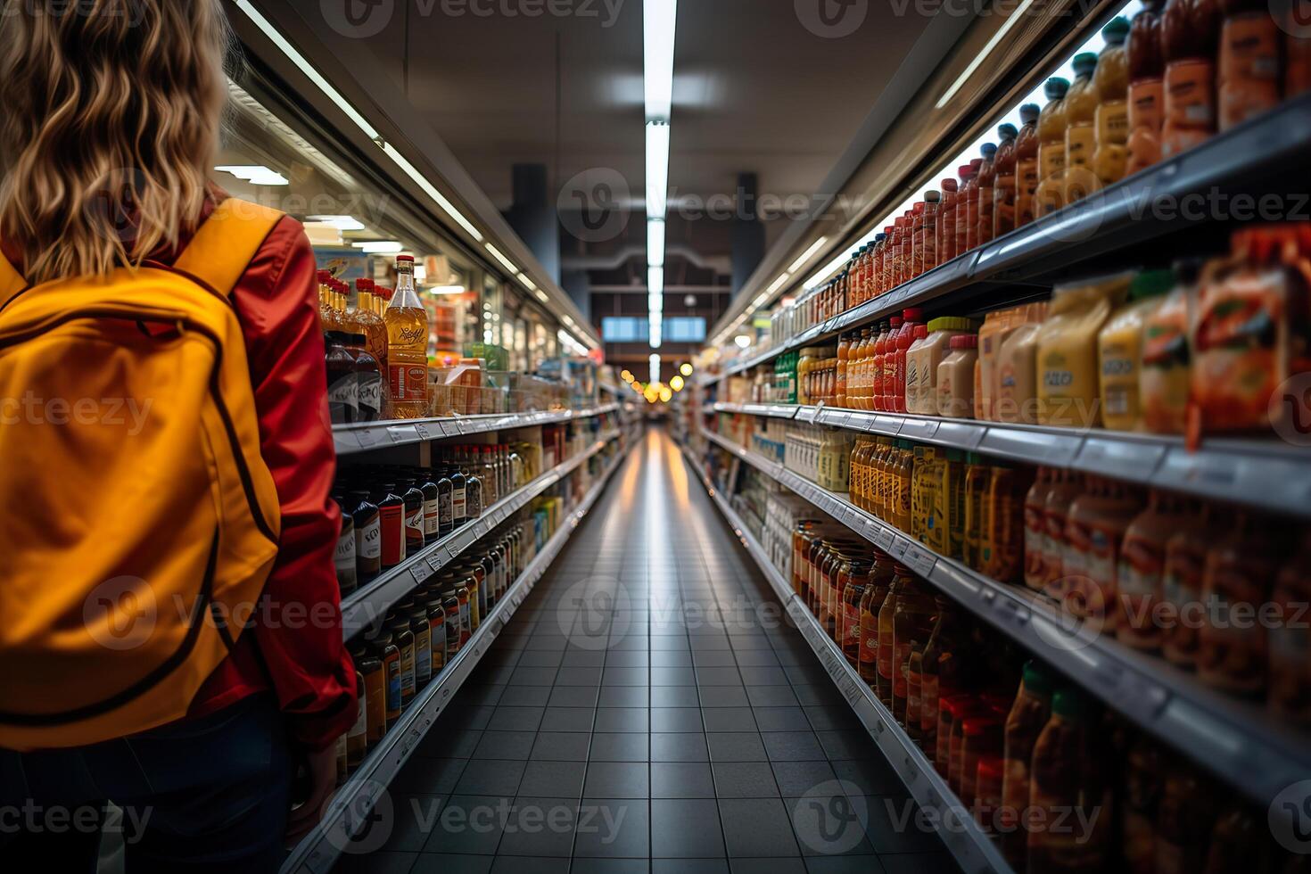 ai généré vitrines avec des produits dans le supermarché génératif ai photo