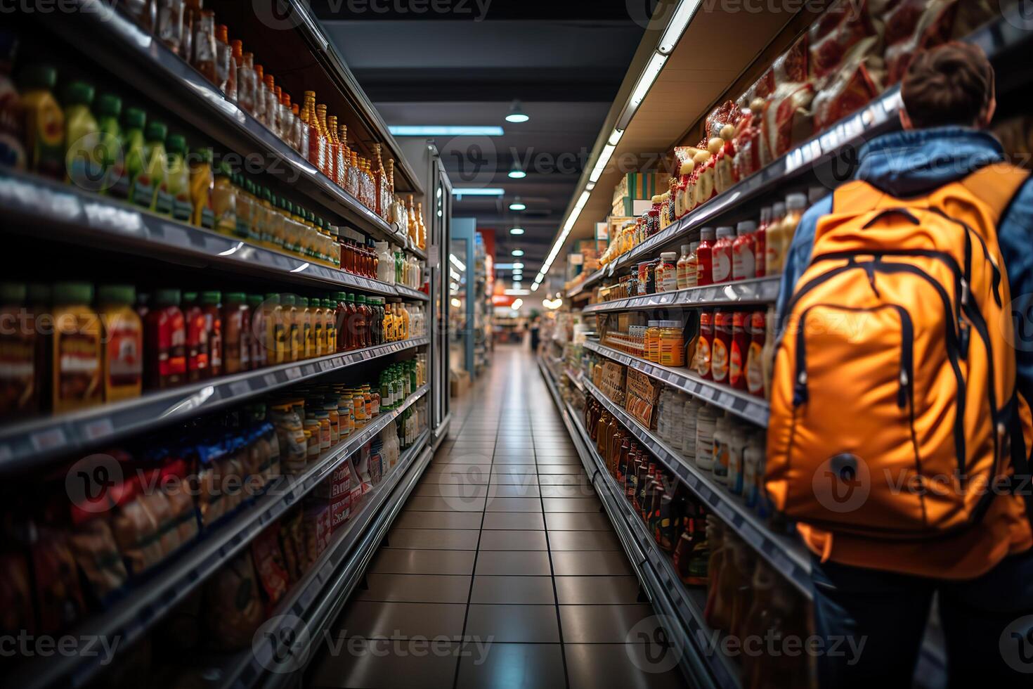 ai généré vitrines avec des produits dans le supermarché génératif ai photo